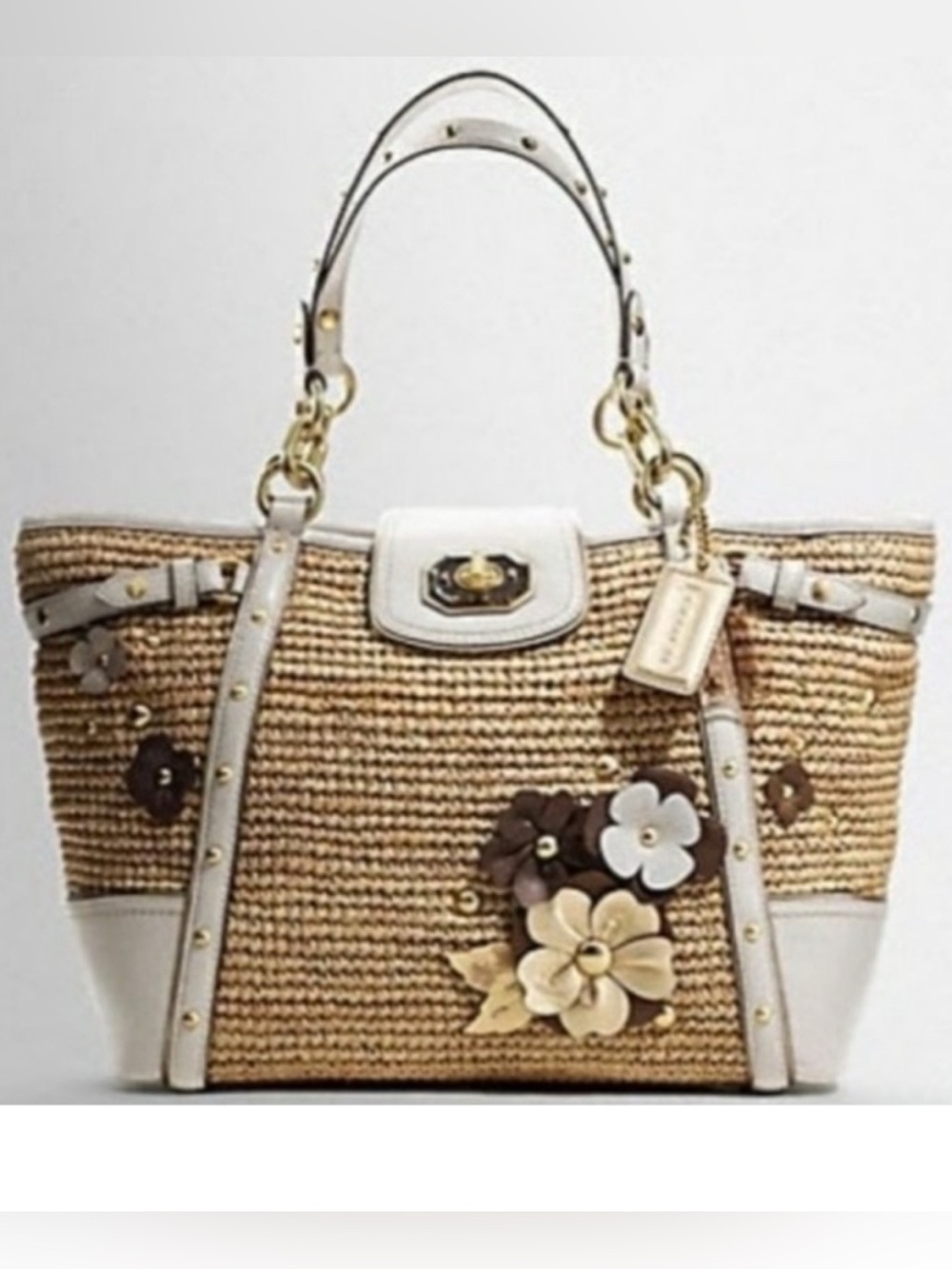 Coach Straw Tote Bag White Leather Trim & Brawn Floral Appliqué - Natural/Cream